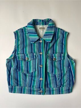 Georgio Striped Button-Up Crop Vest in Blue & Green Size 8 Modern Size Small